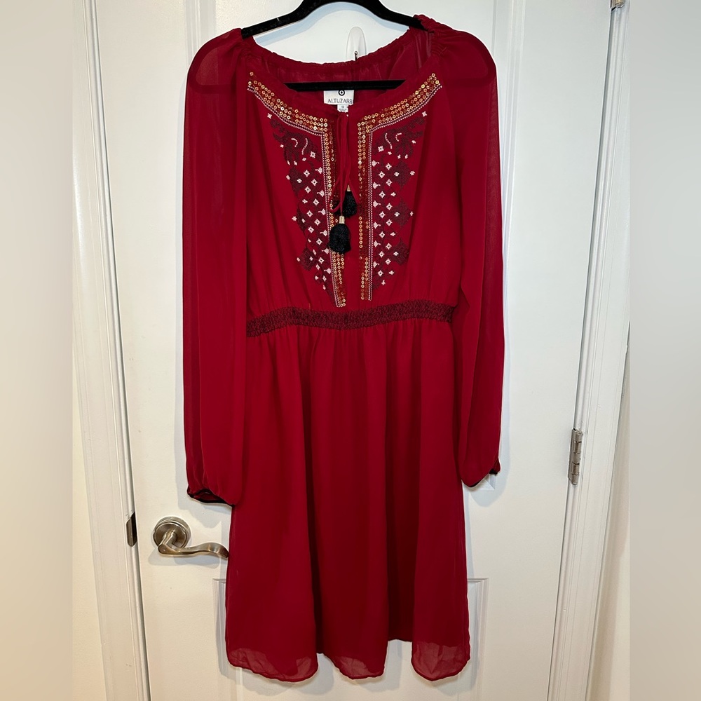 Altuzarra red long sleeve peasant dress with sequins and tassels size 12